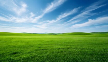 Obraz premium A vast, vibrant green field stretches toward rolling hills under a bright, blue sky with wispy clouds.
