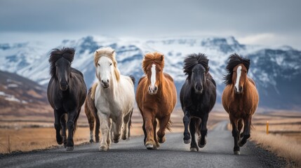 A group of five horses in various colors runs confidently down a rural road. Majestic mountains loom in the background under a cloudy sky, creating a stunning natural landscape.