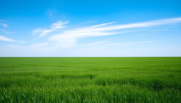 Vast expanse of vibrant green grass field under a clear blue sky with wispy clouds.