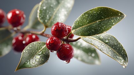 Macro shot of vibrant red holly berries with water droplets on glossy green leaves against soft blue bokeh background, fresh nature close-up with morning dew