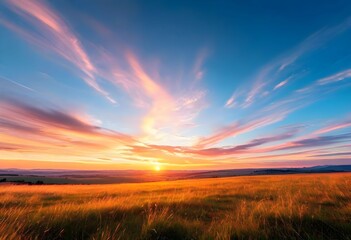 Fototapeta premium A vibrant sunset over a grassy field, with colorful clouds streaking across the blue sky.