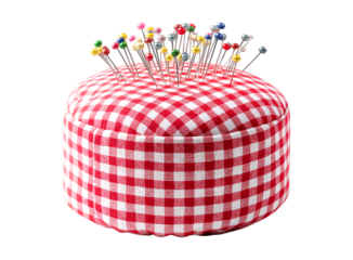 Vibrant Pins in a Classic Gingham Pincushion isolated on a transparent background