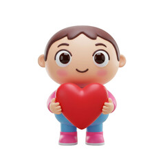 Adorable 3D Render of a Smiling Child Holding Red Heart with Transparent Background