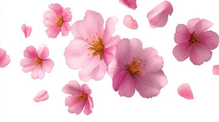 Fototapeta premium Delicate pink cherry blossom petals are scattered against a clean white backdrop, capturing the essence of spring and the beauty of nature in bloom.
