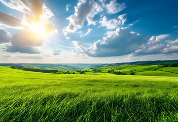 Obraz premium Sunlit rolling green hills and vibrant meadow under a partly cloudy sky.