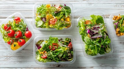Fresh salads packed in clear plastic containers sit on a rustic wooden table. Each container is filled with vibrant vegetables, offering a healthy meal choice for lunch or dinner.