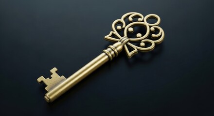 Ornate golden key resting on a dark surface symbolizing secrets and unlocking potential