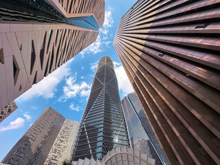 View from below of the facades of the high-rise buildings in the King Abdullah Financial District,...