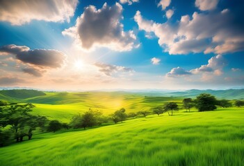 Obraz premium A vibrant landscape showcases a sunny meadow with rolling green hills and a bright sky.