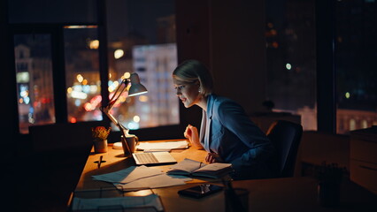 Woman ceo quarrelling videocall closing laptop sitting night workplace closeup