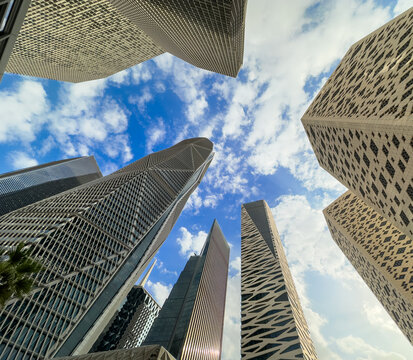 View from below of the facades of the high-rise buildings in the King Abdullah Financial District, Riyadh, Saudi Arabia