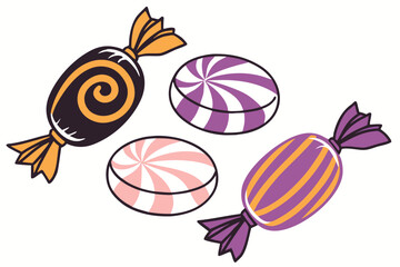 Colorful wrapped candies and swirl lollipops on white background