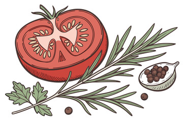Fresh tomato slice with herbs and spices illustration
