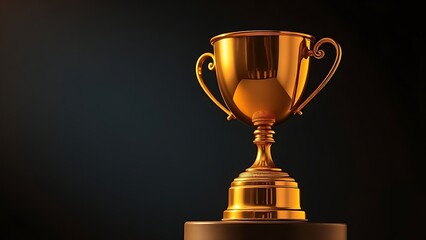 Golden trophy cup on a pedestal illuminated by a warm spotlight against a dark background.