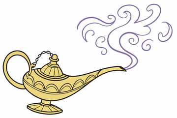 Golden genie lamp releasing purple swirling smoke