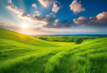 Obraz premium Sunlit rolling hills of vibrant green grass under a partly cloudy sky at sunset.
