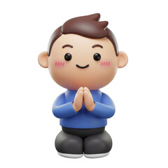 Cute 3D Render of Person Kneeling with Hands Pressed Together on Transparent Background