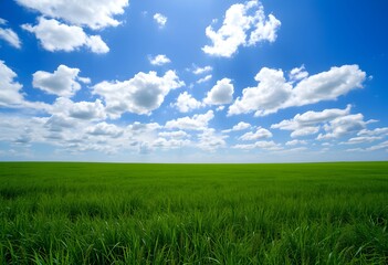 Obraz premium Expansive green field stretches towards the horizon under a bright blue sky filled with fluffy white clouds.