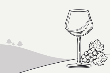 Elegant wine glass and grapes illustration with vineyard landscape