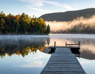 Picturesque autumn scenery at a serene lake with mist and a wooden pier