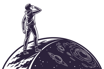 Man gazing out from a distant planet into the cosmos