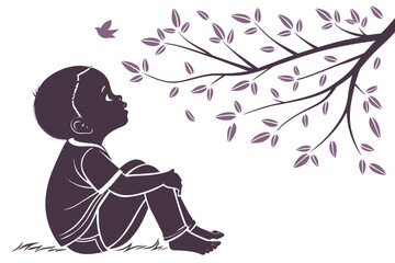 Child gazing up at tree branches and a bird