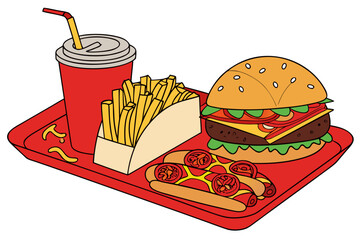 A colorful cartoon tray of fast food favorites
