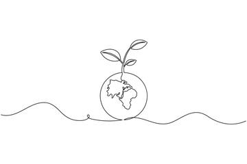 One line drawing of earth with plant sprout symbolizing eco friendly growth
