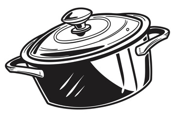 Black and white illustration of a cooking pot with lid