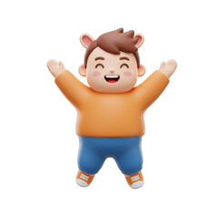 Excited Boy Character Rejoicing With Open Arms and Bear Ears On Transparent Backdrop