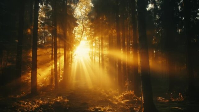Golden sunlight through forest at sunset