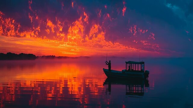 Tranquil Boat on Lake at Vibrant Sunset for Nature Photography Print