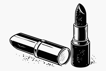 Black and white illustration of two lipsticks with scattered powder