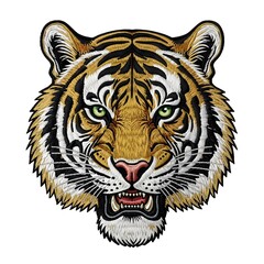 Close-up illustration of a tiger's head with an open mouth and sharp teeth against a clean white background.