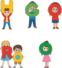 Happy kids holding colorful alphabet letters H G O R O, education learning concept, school design, cad drawing flat vector illustration