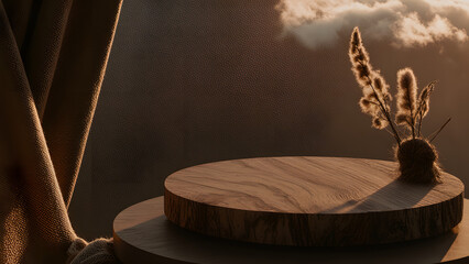 Earthy Serenity Display: A minimalist composition, a wooden pedestal, illuminated by the soft glow of golden hour and dramatic clouds, perfect for product presentation.
