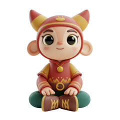 Cute Red and Gold Cartoon Character with Pointed Ears Sitting in Transparent Background