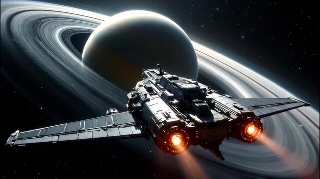 A futuristic spacecraft flying near saturn, a scene commonly found in&nbsp;science fiction slow motion animation, 4k