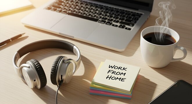 Flat lay of laptop, headphones, coffee mug, and sticky notes with "Work From Home" written, bright daylight.