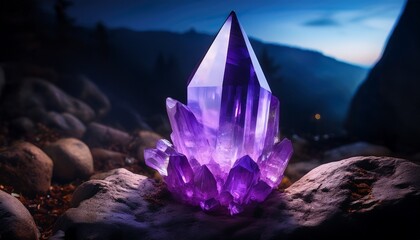 A Vibrant Purple Crystal Glows Softly Against A Dark Rocky Background Evoking A Sense Of Mystery And Natural Beauty