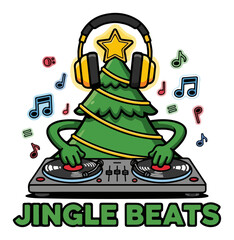 Jingle beats funny Christmas tree DJ cartoon illustration