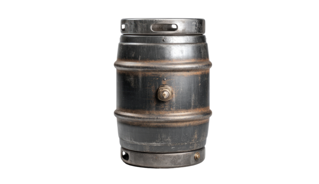 Dark metal keg, weathered appearance
