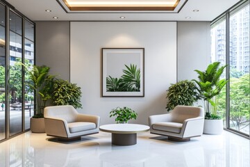 Stylish modern lounge area with greenery and art