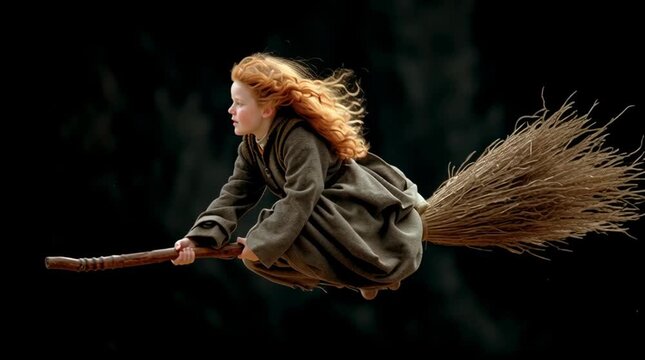 Magical young witch with red hair flying broomstick Halloween fantasy child costume background