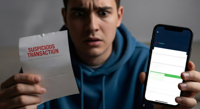 Man holding suspicious transaction receipt and smartphone with banking app. Financial fraud, scam, online theft concept.