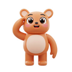 Animated Brown Bear Saluting on Transparent Background Isolated Adorable Character 3d Rendering
