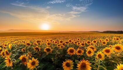 Obraz premium A Vast Open Field Of Sunflowers All Facing Toward The Rising Sun The Golden Flowers Stretch Into The Horizon Their Bright Faces Glowing In The Early Morning Light