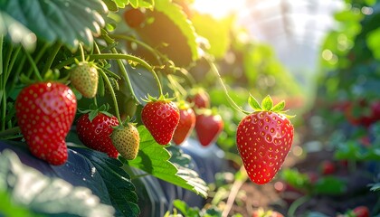 Fresh strawberries growing on plants in a sunny greenhouse