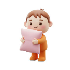 Cartoon Boy Holding Pink Pillow Isolated on Transparent Background with Warm Light