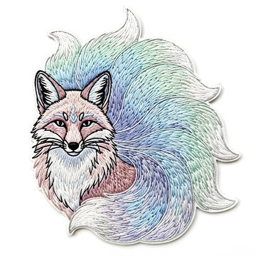 Illustration of a fox with a colorful, multicolored tail and fur, featuring pink, blue, green, and white hues, against a clean white background.
